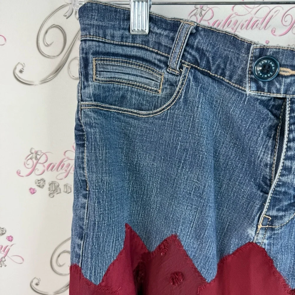 Once again fairy skirt Y2K red Asymmetrical Denim Waist Burgundy Tulle Skirt - Picture 9 of 12